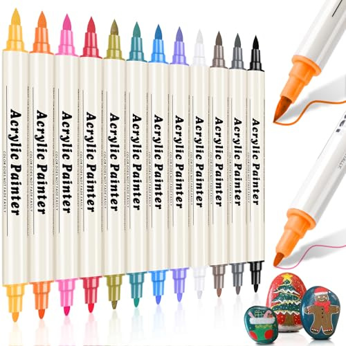 12 Farben Acrylstifte mit Doppelspitze, Christmas Acrylstifte Set für Basteln Kunstbedarf Steine Wasserfest 0.5-5mm Dual Tip Marker (feine Spitze und Pinse) für Rock Painting, Holz, Glas, Keramik