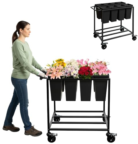 Verssure Flower Cart with 8 Buckets,Flower Cart Display Stand with Wheels,Bloom Bar,Flowers Stand for Wedding ,Party and Home Decor,Black