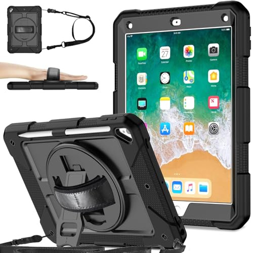 SINSO Case for iPad 9.7 inch 6th/5th Generation 2018/2017, Air 2/Pro2016, Heavy Duty Shockproof iPad Cover with 360° Rotating Hand Strap & Stand/Pencil Holder/Carrying Strap, Black