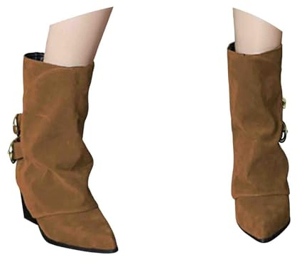 Slouchy ankelstövlar för kvinnor vikspänne spetsig tå tjocka klackstövlar runched bekväma och fashionabla stövlar, Brun, 37.5 EU