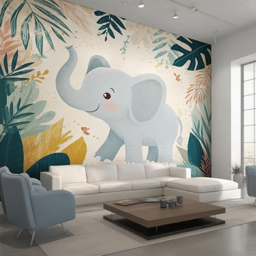 Generisch Vlies Fototapete Elefant 150x105 cm, Tapete Türkis Tapeten Vliestapete Wohnzimmer Niedlich Cartoon Tier Schlafzimmer Wandtapete Ornamente Mustertapete W&69