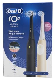 Oral-B iO Series 2 elektrisk tandborste | dubbelpack | Night Black & Calm Pink | 2 borsthuvuden | upp till 4 veckors batteritid | resefodral