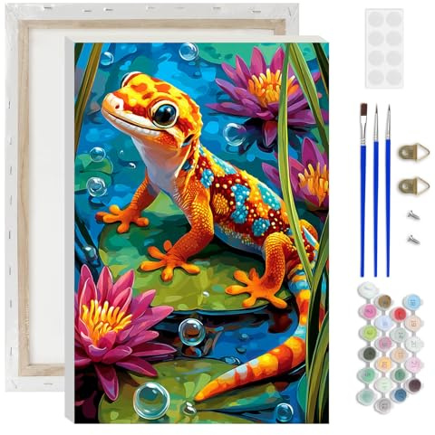 AIRDEA Bunter Gecko Malen nach Zahlen Erwachsene, Seerosen DIY Handgemalt Ölgemälde Kit, Paint by Numbers mit 3-Pinseln und Acrylfarbe 20x30 cm (Gerahmt)
