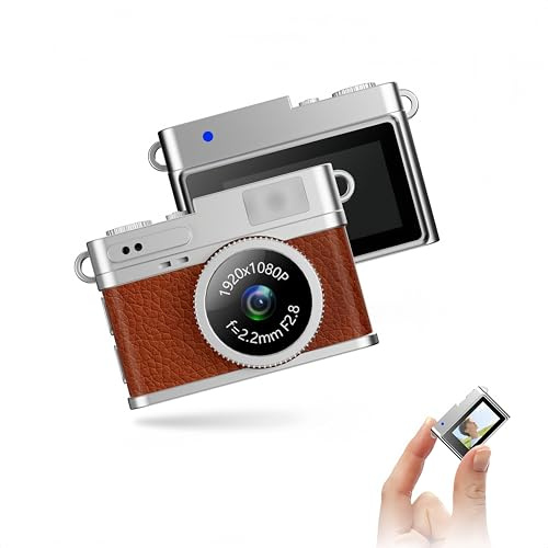 Retro Mini Caméra Porte-clés, 8MP Caméra Numérique Stabilisation d'image, 0,96 Écran LCD HD, USB, 32GB Gratuit, Cadeau (Rétro, Marron)