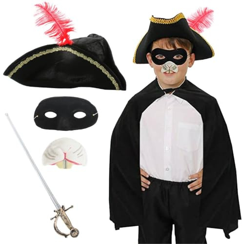 Highwayman för barn gnagare kostymset – svart bandit cape, tricorn-hatt med röd fjäder, råttnäsa, ögonmask och plastsvärd – komplett sagobok karaktär fin klänning för världsbokens dag och halloween