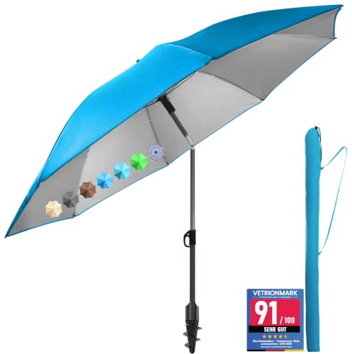 Menz Sonnenschirm Strand - UPF 50+ Sonnenschutz Strand, Strandschirm Ø 180 cm, Sonnenschirm mit Schutzhülle, Strandschirm windfest stabil, Fb. Blau