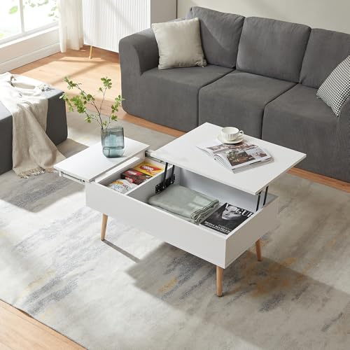 [en.casa] Mesa de Centro Flesen con Tablero Elevable y Extraíble Mesa Baja Rectangular con 2 Compartimentos Internos Mueble Auxiliar Mesita para Salón 92 x 52 x 41 cm - Blanco