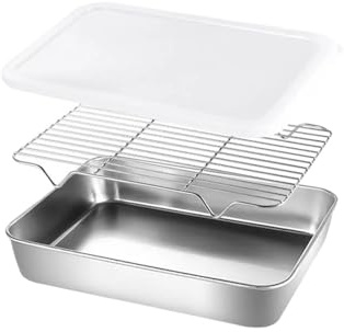 Cacerola profunda for alimentos de cocina de acero inoxidable con rejilla y colador de aceite, bandeja hermética for asar con rejilla de almacenamiento