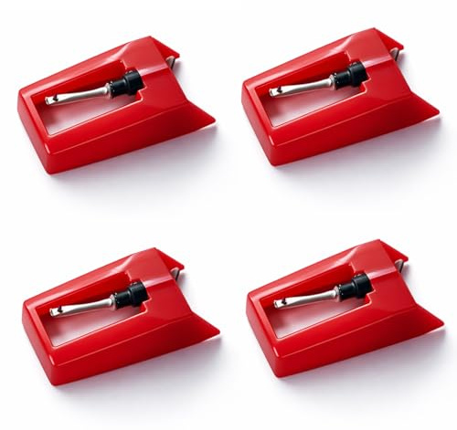 4 piezas Aguja para tocadiscos, agujas de tocadiscos, juego de agujas de repuesto para reproducción de vinilos, montaje manual sin herramientas, caja de almacenamiento, rojo