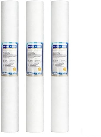 Dessa 3-pack 20-tums PP-bomullsfilterpatroner erbjuder filtreringsnoggrannhet 1/5mikron och kompatibla med vanliga stora filterhus 20x2,5 tum, vilket effektivt tar bort lukter(5Micron)