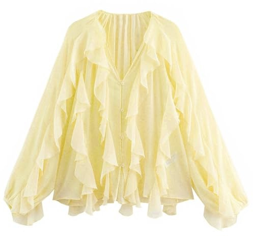 volangblus för kvinnor sommar chic damer eleganta lösa långärmade lagerskjortor kontor dam vintage V-ringad genomskinliga stegsblusar med volanger för att jämföra
