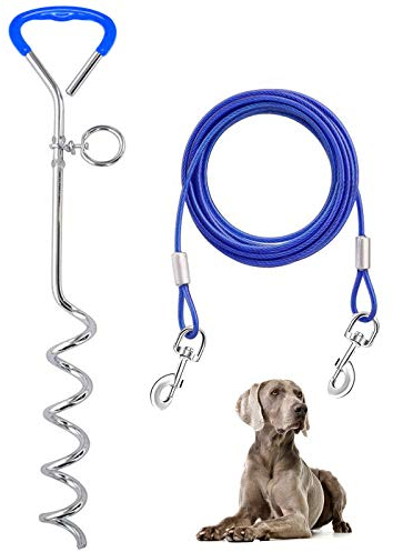 Supet Dog Tie Out Cable and Reflective Stake 32 ft Outdoor, Yard and Camping, for Medium to Large Dogs Up to 125 lbs, 16 Stake, 32 ft Cable with Durable Spring and Metal Hooks for Outdoor (Blue 3m)
