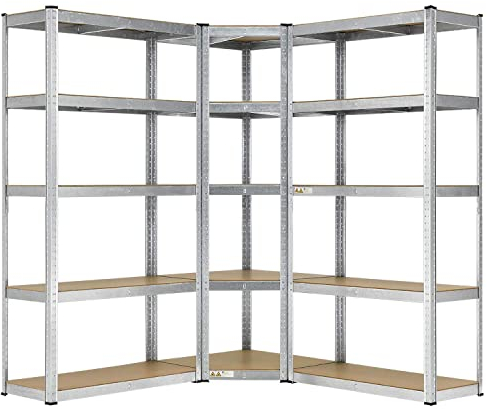 Juskys Sistema di 3 scaffali metallici Basic| 1 ripiano angolare e 2 ripiani portaoggetti | 15 ripiani in legno MDF | 2625 kg | Scaffale per carichi pesanti Mensola Scaffale per cantina (Argento)