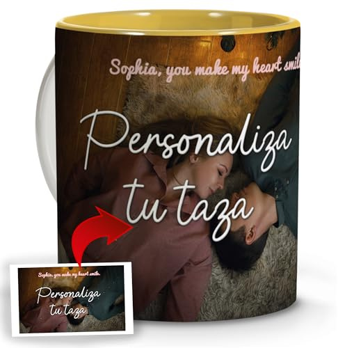 LolaPix Taza Personalizada con Foto y Texto. Tazas Personalizadas San Valentín. Regalos para Parejas. Taza Personalizada de cerámica. Tazas con Imagen y Frase Original. Interior de Color Amarillo.