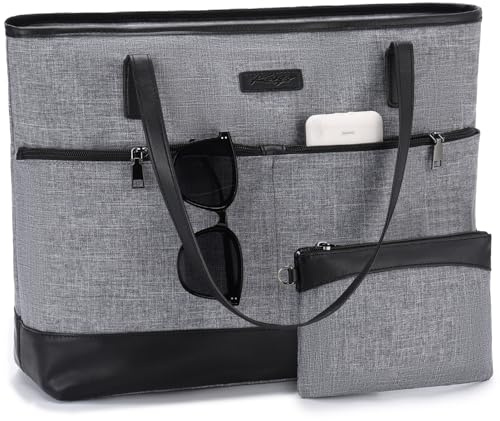 Kasgo Bolso Tote Impermeable para Mujer, Bolso Grande para Ordenador Portátil 15.6 Pulgadas Set 2 en 1 (Bolso + Cartera) para Trabajo Universidad Shopper Viaje, Gris