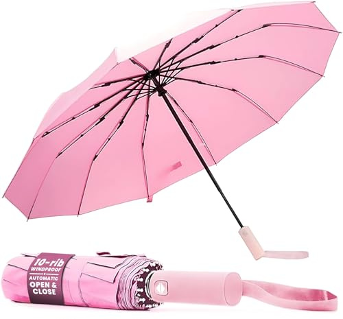 TANNESS Windproof Umbrella – 10-Rib Waterproof & Compact with Automatic Open/Close Function and Ergonomic Handle – Folding Mini for Rain, Sun, & Strong Wind Protection - Pink