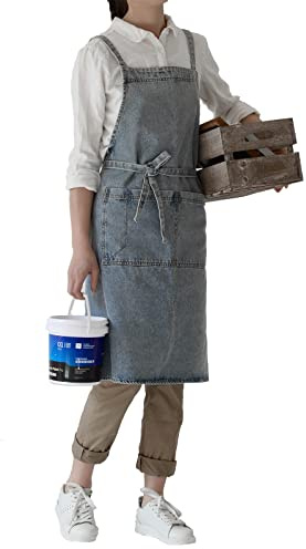 Pincy Jeansschürze mit Kreuzrücken, Unisex, verstellbare Latzschürze mit Taschen für Kochen, Küche