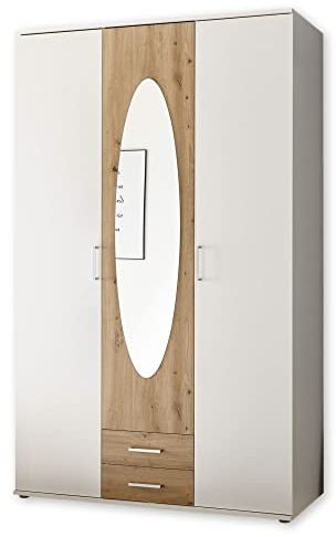 Stella Trading Kassel Kleiderschrank mit Spiegeltür in Weiß, Artisan Eiche Optik - Vielseitiger Drehtürenschrank 3-türig für Ihr Schlafzimmer - 120 x 195 x 55 cm (B/H/T)