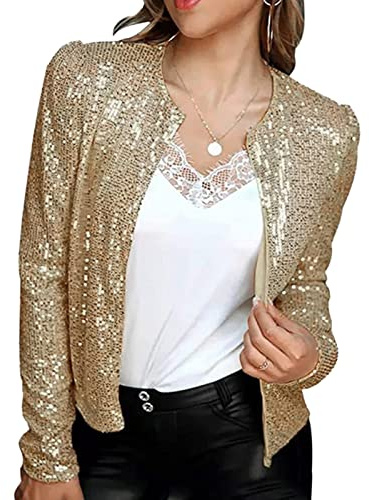 XIXIMAON Femme Blazer Veste à Paillettes Brillante Blouson Manteau à Sequins Haut Tops Chic pour Disco Soirée Fête Clubwear (Doré A, L)