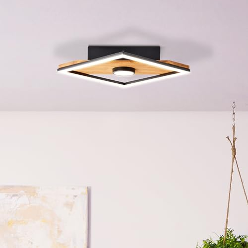 Lightbox LED Deckenlampe im Nature Stil - Deckenleuchte mit Holzakzenten - Lichtfarbe: 3000K und Helligkeit: 1600lm - 25 cm Länge x 25 cm Breite - aus Holz/Metall/Kunststoff in Schwarz/Holz