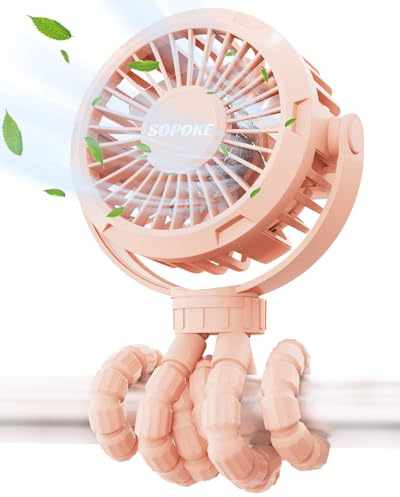 SOPOKE Mini ventilador portátil para cochecito de bebé, ventilador de mano personal de 3 velocidades, funciona con pilas, recargable, trípode flexible de 360°, adecuado para asiento de coche, cuna,
