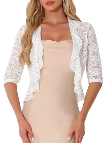 Allegra K Lace Shrug for Women Ruffle Cardigan Open Front Half Sleeve Bolero Sheer Dressy Elegant Shrugs Top Large White