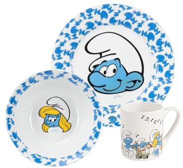Set da colazione dei Puffi per bambini - Set di stoviglie 3 pezzi in porcellana con piatto, ciotola e tazza blu