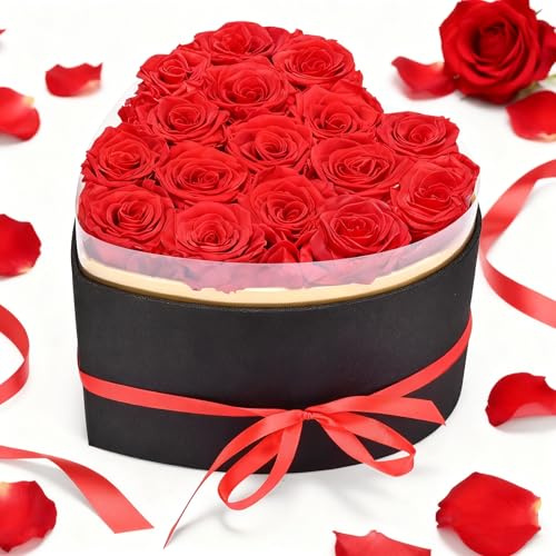 BugyKido 16 Pcs Forever Real Rose Heart Box, Eternal Rose with Greeting Card, Forever Flowers Gifts for Woman Wife Girlfriend Mum, Valentine's Day, Mother's Day, Christmas, Birthday, for Her
