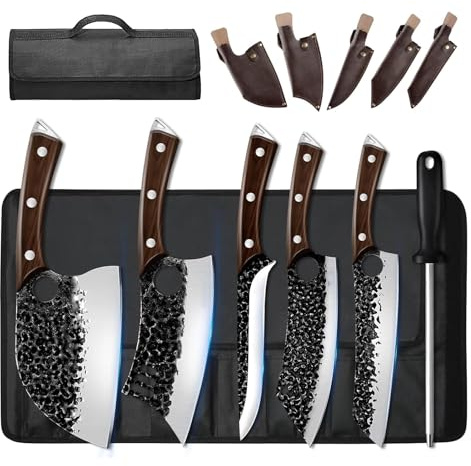 Welan 6‑teiliges Messerset für Outdoor & Küche - Mit Kochmesser, Santoku, Brotmesser, Filetiermesser, Obstmesser & Schärfstange, Geschirrset mit Lederetui & Canvas-Tasche