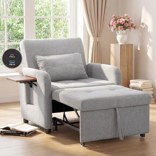 COLAMY Compact Recliner Armchair with USB Port & Side Table, Space Saving Sleeper Chair with Pull-Out Footrest, Adjustable Lounge Sofa Bed Chair for Small Living Room Bedroom Flat,Light Grey