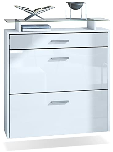 Vladon Schuhschrank Malea, hängender Schuhkipper für 16 Paar Schuhe mit 2 Klappen und 1 Schublade und Glasablage, Weiß matt/Weiß Hochglanz (89 x 96 x 23 cm)