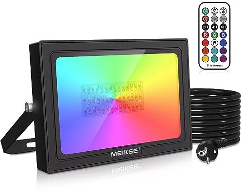 MEIKEE Projecteur LED RGB Exterieur 60W, Changement de Couleur Rgbw équivalent 600W, 10 Couleurs 12 Modes avec Télécommande, Etanche IP66, Fonction de Mémoire, Minuterie, Projecteur Led 6000K