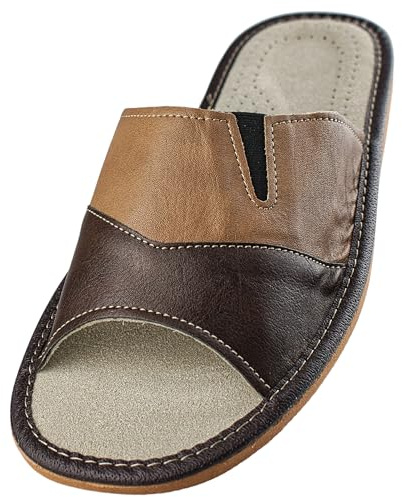 APREGGIO - Ciabatte Estive da Uomo in Pelle Liscia - Pantofole Casa Uomo - Punta Aperta - Slip-On - Suola Piatta - Leggere - Marrone - Taglia 42 EU