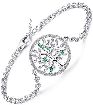 Friggem Pulsera de Mujer del árbol de la vida, Pulsera de Plata de ley 925 con cadena de circonita ＆ Esmeralda, eslabón ajustable Regalo de joyería de pulseras de árbol para mujer