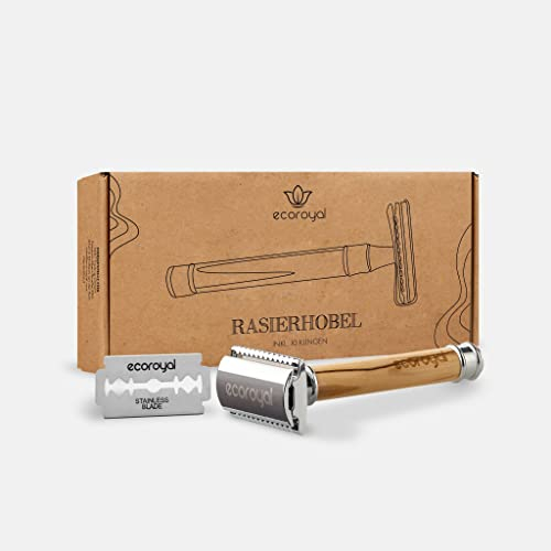 EcoRoyal Olivenholz Rasierhobel Damen & Herren inkl. 10 EcoRoyal Rasierklingen | Plastikfreier Nassrasierer | Sicherheitsrasierer | Zero Waste Rasierer Damen