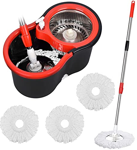 Set di mocio e secchio, mocio rotante a 360° e secchio con strizzatore e 3 ricariche in microfibra, in acciaio inox, manico esteso da 154,9 cm, sistema a secchio rotante per la pulizia dei pavimenti