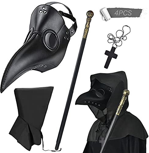 BUUFAN 4PCS Plague Bird Doctor Mask PU Leather Long Nose Beak Mask with Cloak Crucifixion Necklace Scepter for Cosplay Halloween