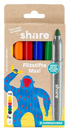 share Filzstifte Maxi 6er Set – Filzstifte Set spendet eine Unterrichtsstunde für ein Schulkind – Eco-Fasermaler mit birllanten Farben und flexibler Strichstärke, Mehrfarbig