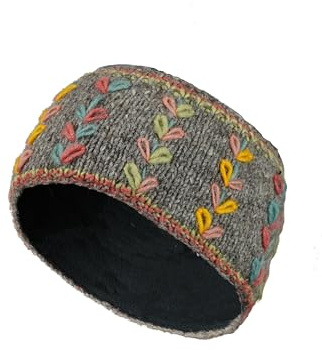 Damen Ohrenwärmer, Wolle, Fleece-Futter, handgestrickt, mit Blume, bestickt, grau, Einheitsgröße, handgefertigt, Pachamama, Fair Trade