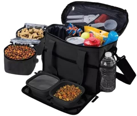 Dog Travel Bag Pet Multi-Use Dog Outdoor Bag with Locking Safety Zippers, Food and Accessory Overnight Black Carrier Bag for Traveling For Dogs, Cats & Pets Includes Bowls, Matt & Shoulder Strap