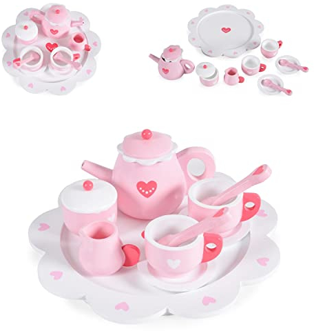 Moni Kinder Teeservice Herz 005 Holz 10-teilig, Kanne, Tassen, Löffel, Teller rosa
