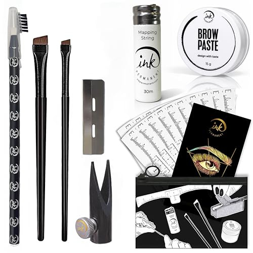 Ink Permanent Augenbrauen-Mapping-Set – 30m Mapping-Faden, 15g Augenbrauenpaste, 2 Pinsel, Mapping-Stift, Stiftformer, Klingen und 20 Schablonen