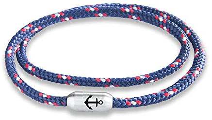 Paris Montana Schmales Segeltau Wickelarmband, Dünnes Filigranes Design, Unisex, Geflochten, Edelstahl Magnetverschluss mit Anker Gravur, Handmade, 4 mm Durchmesser, Maritim, Elegant, Robust