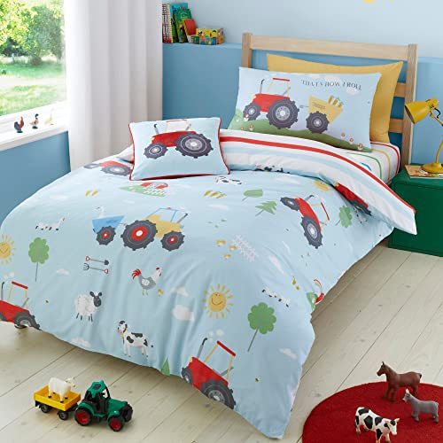 Bedlam - Housse de Couette Camion Fermier - 200 x 200 cm - 2 taies d'oreiller - Motifs réversibles - Housse de Couette Animaux de la Ferme et Tracteur de Construction - literie Bleue pour Enfants