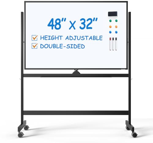 TSJ OFFICE Large Rolling Whiteboard - Dry Erase Magnetic 48 x 32 Inches White Board Height Adjust Double Sides Mobile Portable Easel on Wheels, Dry Erase Board with Stand for Office, Home & Classroom