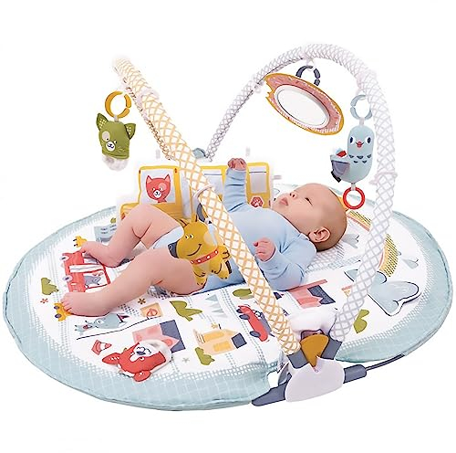 Yookidoo 3-en-1 Urban Gimnasio Bebé. Tumbado y Sentado Manta de Actividades con Cojín y Juguetes Infantiles. Fácil Plegado para Llevar. 0-12 Meses