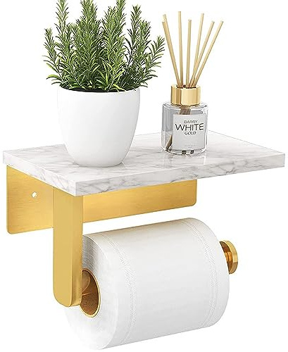 Biutimarden Toilettenpapierhalter Ohne Bohren,Klopapierhalter Edelstahl mit Weißer Marmor Ablage Selbstklebend oder Schraub Wandmontage Klorollenhalter für Küche und Bad(Gold)