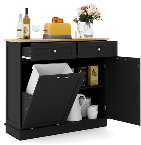 TANGZON Tilt Out Trash Can Cabinet, 2-Door Sideboard with Trash Bin Hamper, Rubber Wood Countertop & Drawers, Freestanding Pet Proof Laundry Cabinet Storage Cupboard, Bin Not Included (Black)