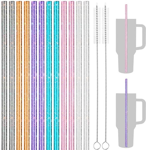 NiHome 12er Set Glitzer Trinkhalme für Stanley 40oz Tumbler, BPA-frei, langlebiges PETG, inkl. 2 Reinigungsbürsten, kompatibel mit Stanley 20/30/40 oz