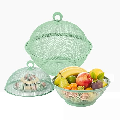 Cesto per frutta con coperchio, per snack e frutta, in rete metallica, per frutta, verdura, snack, (2 cestini per frutta + 2 coperchi; 4 pezzi in totale) verde chiaro